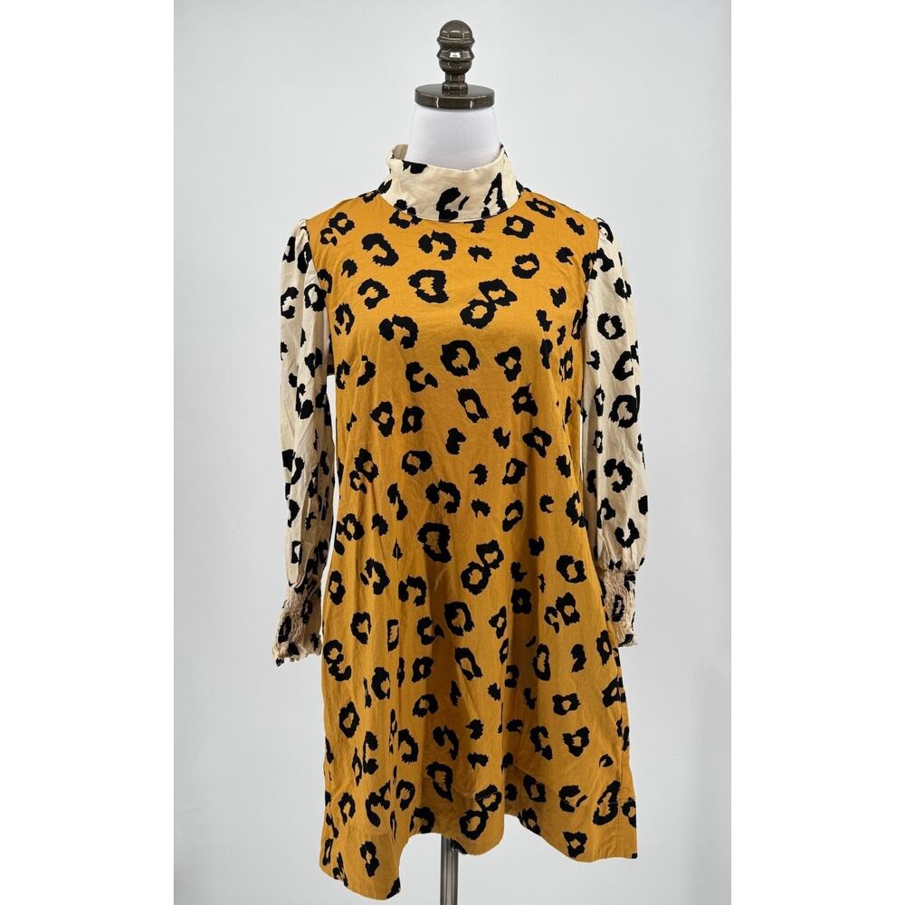 Buru Yellow Cheetah Print Cotton Long Sleeve Midi Shift Mod Dress Sz S